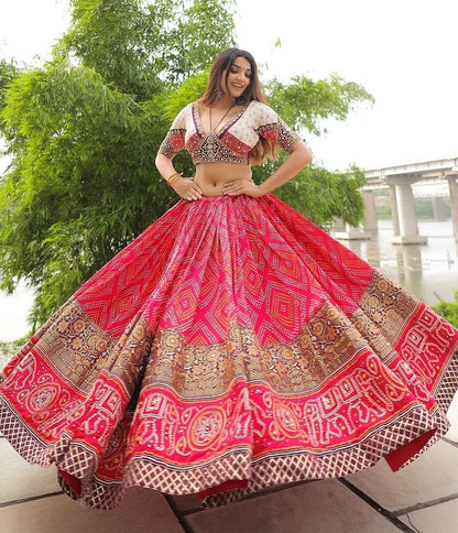Red cotton print and mirror work gujarati garba navratri lehenga chaniya choli