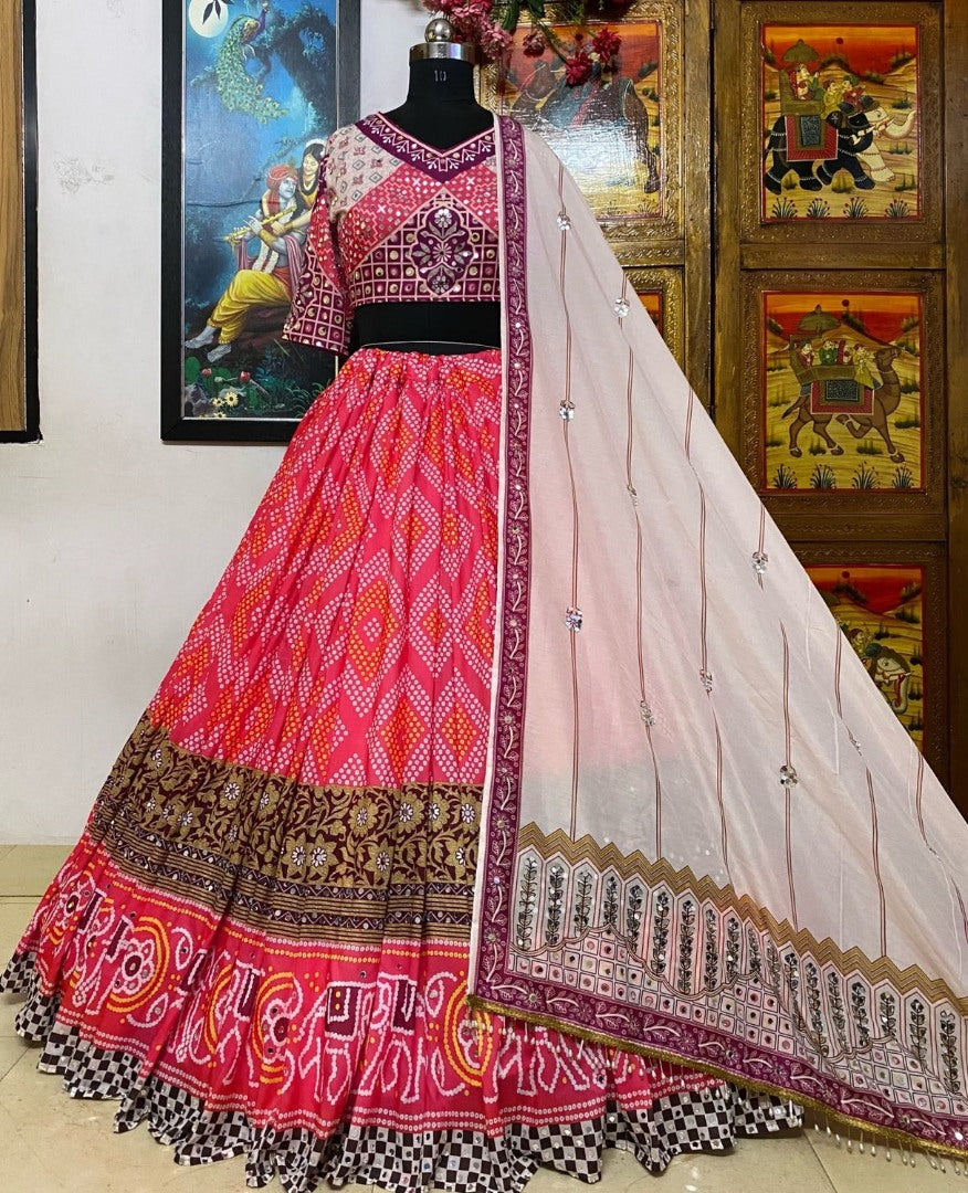 Red cotton print and mirror work gujarati garba navratri lehenga chaniya choli