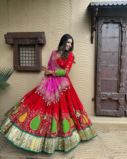 Red cotton print and mirror work gujarati garba navratri lehenga chaniya choli