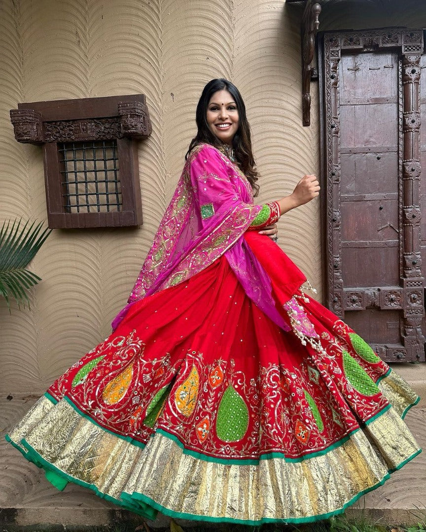 Red cotton print and mirror work gujarati garba navratri lehenga chaniya choli