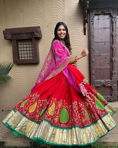 Red cotton print and mirror work gujarati garba navratri lehenga chaniya choli