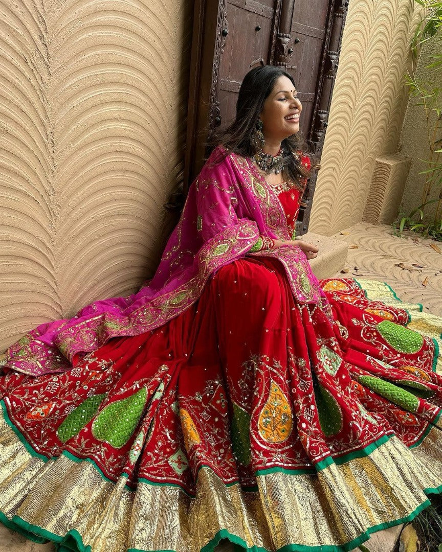 Red cotton print and mirror work gujarati garba navratri lehenga chaniya choli