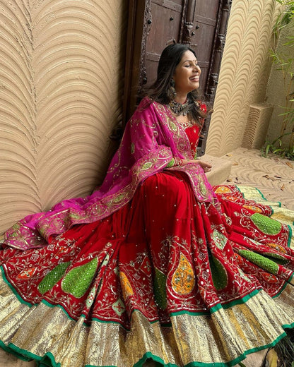 Red cotton print and mirror work gujarati garba navratri lehenga chaniya choli