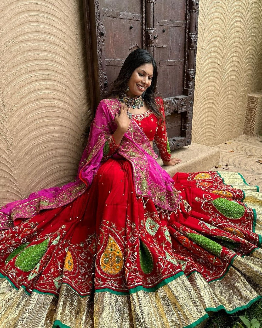 Red cotton print and mirror work gujarati garba navratri lehenga chaniya choli
