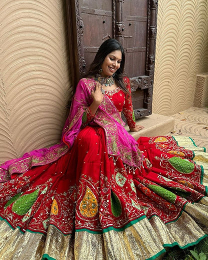 Red cotton print and mirror work gujarati garba navratri lehenga chaniya choli