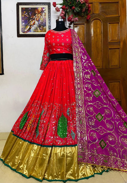 Red cotton print and mirror work gujarati garba navratri lehenga chaniya choli