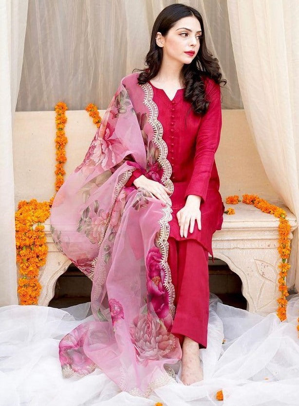 Red cotton silk party wear palazzo suit with printed dupatta