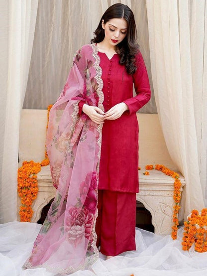 Red cotton silk party wear palazzo suit with printed dupatta