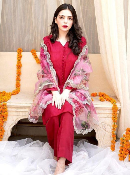 Red cotton silk party wear palazzo suit with printed dupatta