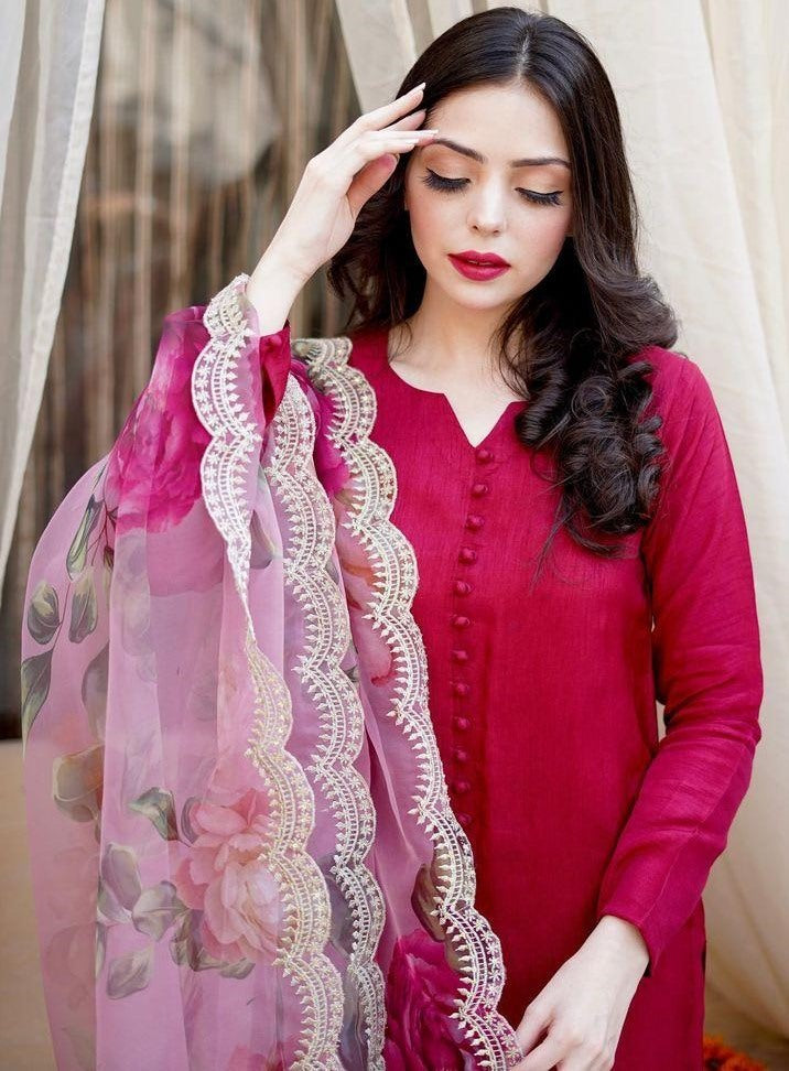 Red cotton silk party wear palazzo suit with printed dupatta