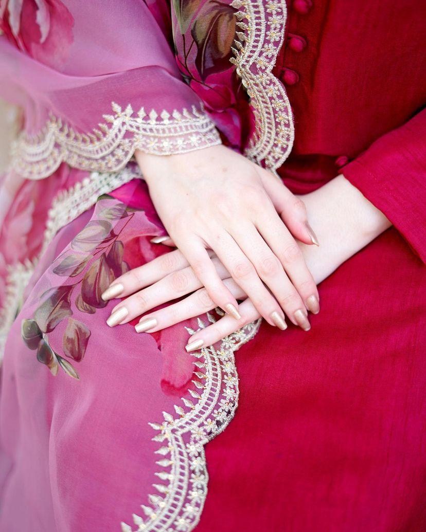 Red cotton silk party wear palazzo suit with printed dupatta