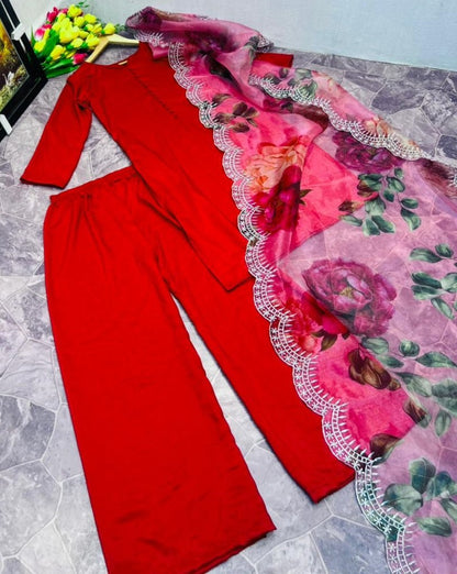 Red cotton silk party wear palazzo suit with printed dupatta