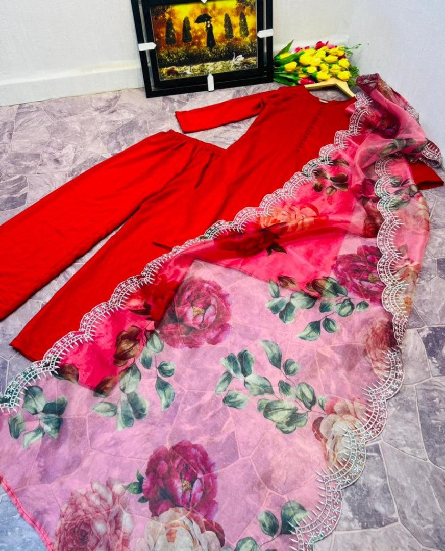 Red cotton silk party wear palazzo suit with printed dupatta