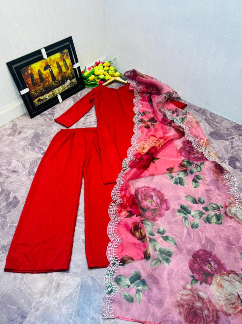 Red cotton silk party wear palazzo suit with printed dupatta
