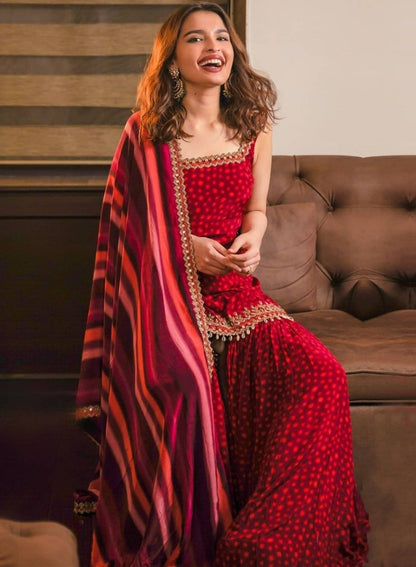 Red crape digital printed sharara salwar suit