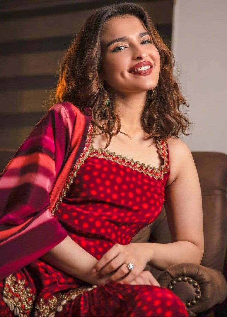 Red crape digital printed sharara salwar suit