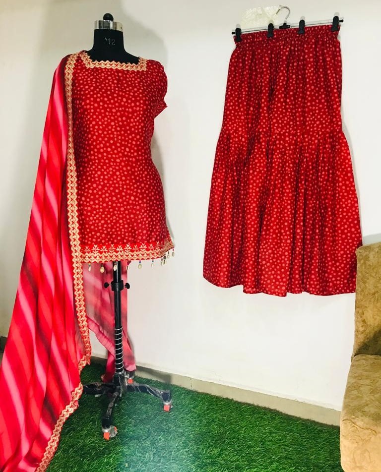 Red crape digital printed sharara salwar suit