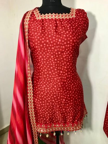 Red crape digital printed sharara salwar suit