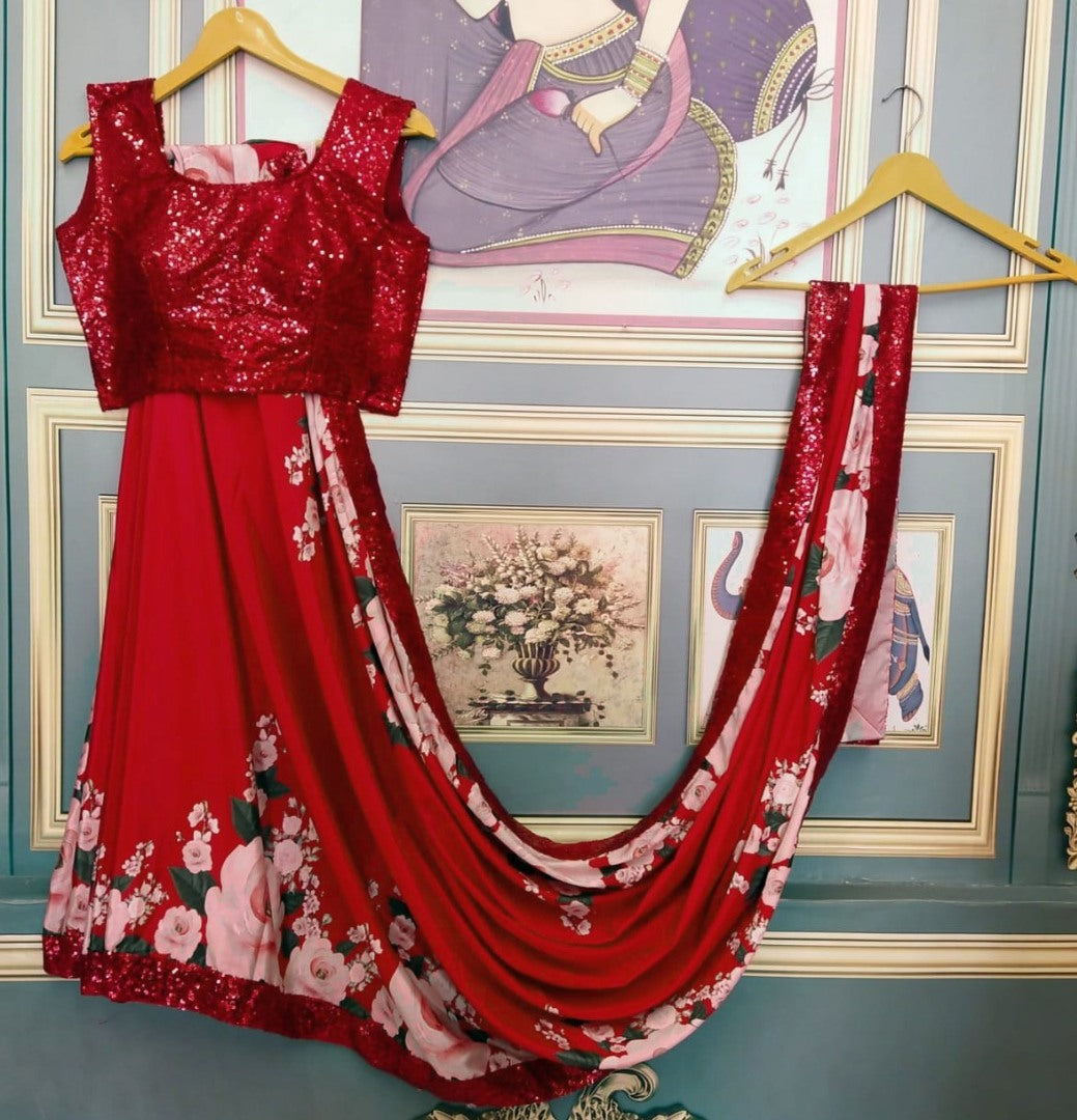 Red crape silk digital printed sequence border saree