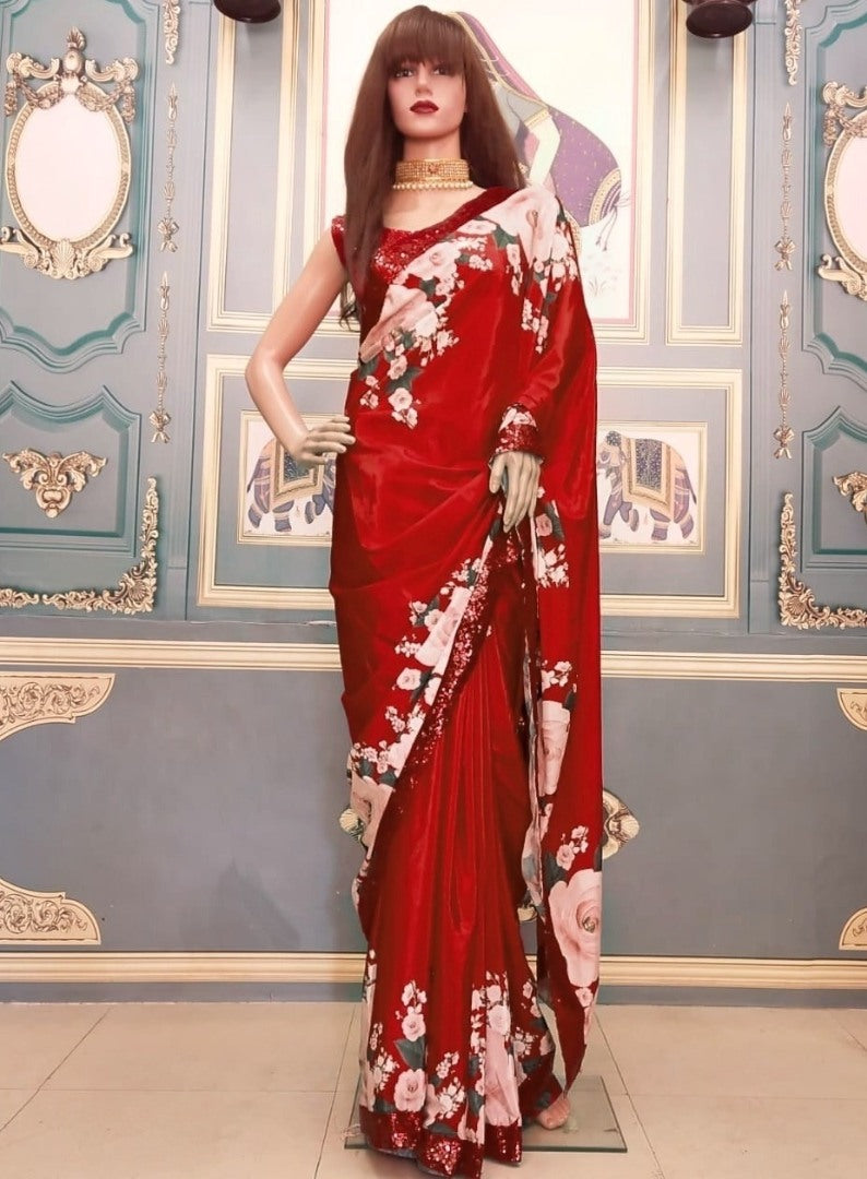 Red crape silk digital printed sequence border saree