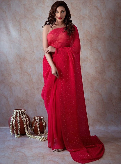 Red crushed georgette khatli handwork designer party wear saree
