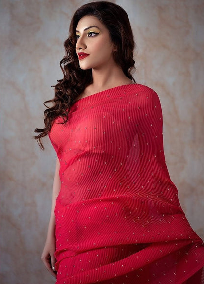 Red crushed georgette khatli handwork designer party wear saree