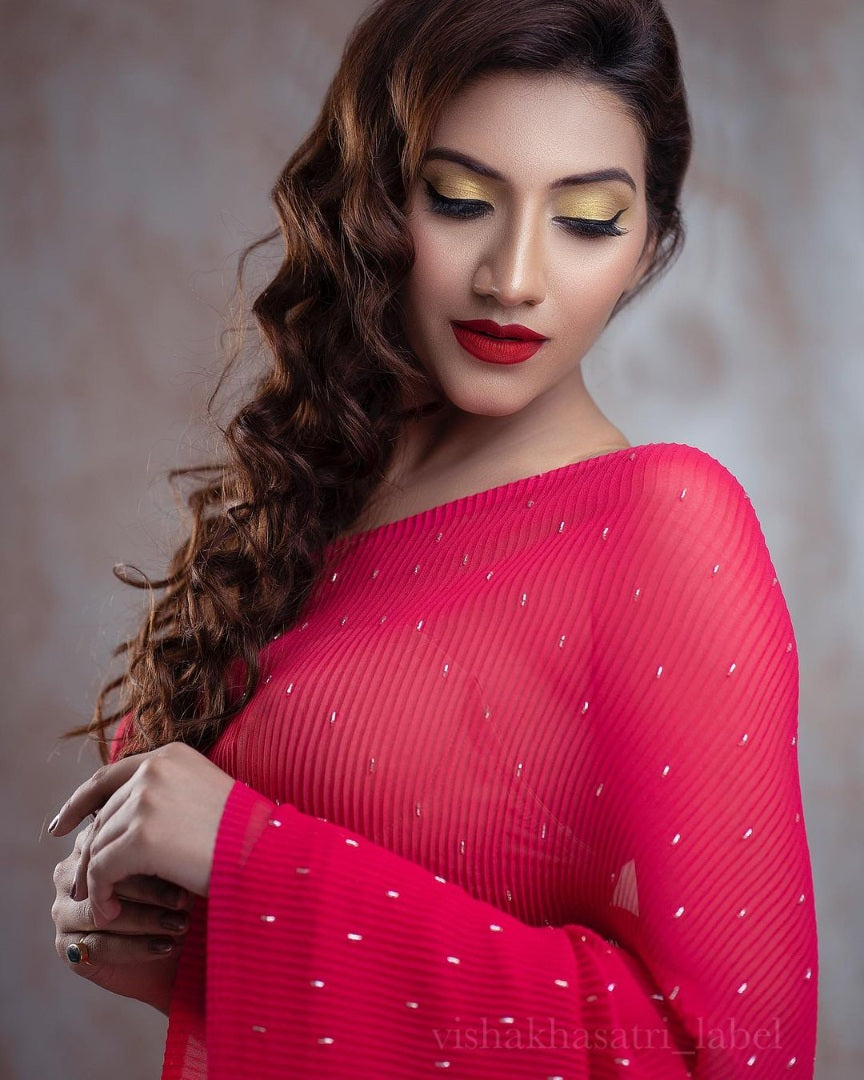 Red crushed georgette khatli handwork designer party wear saree