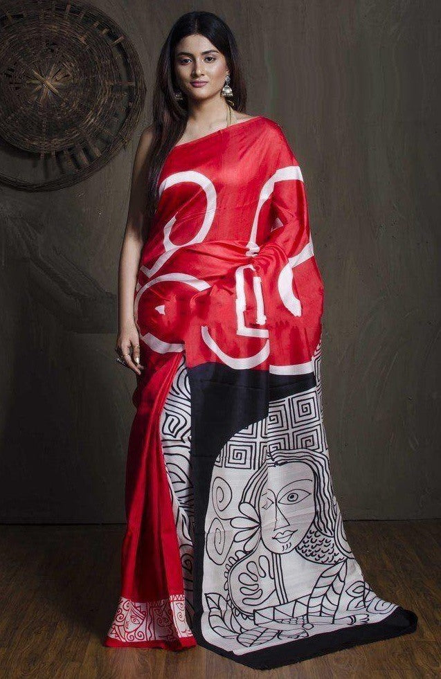 Red digital printed satin saree