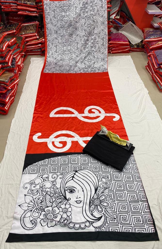 Red digital printed satin saree