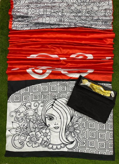 Red digital printed satin saree