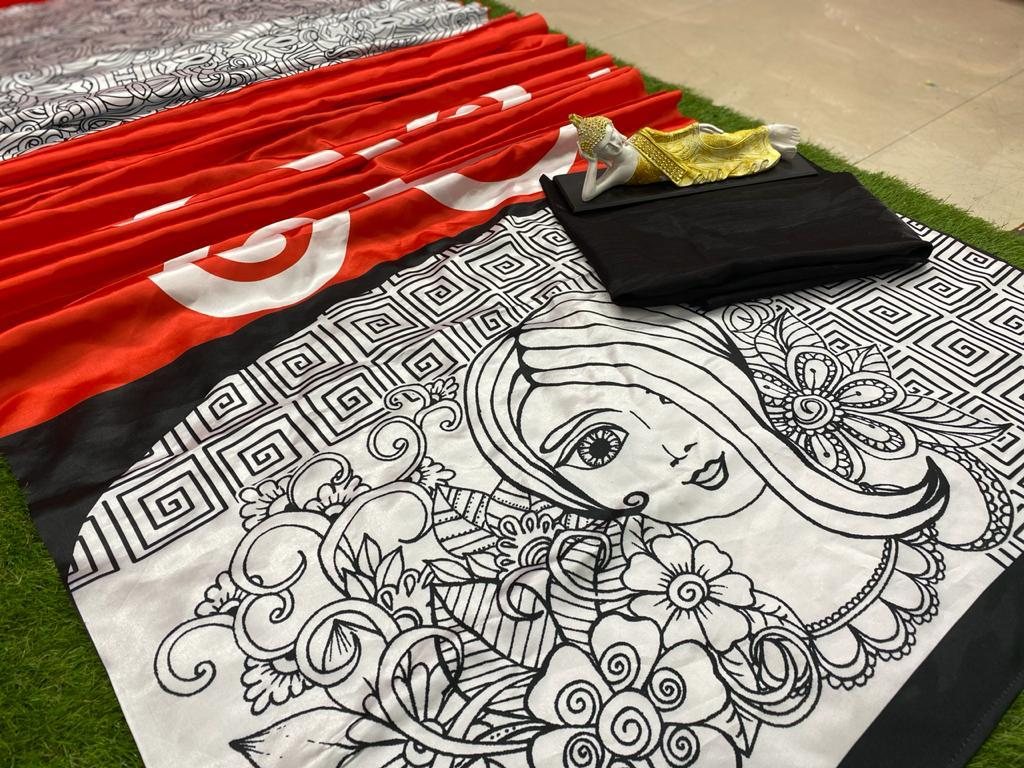 Red digital printed satin saree