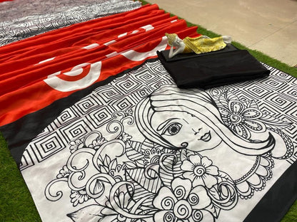 Red digital printed satin saree