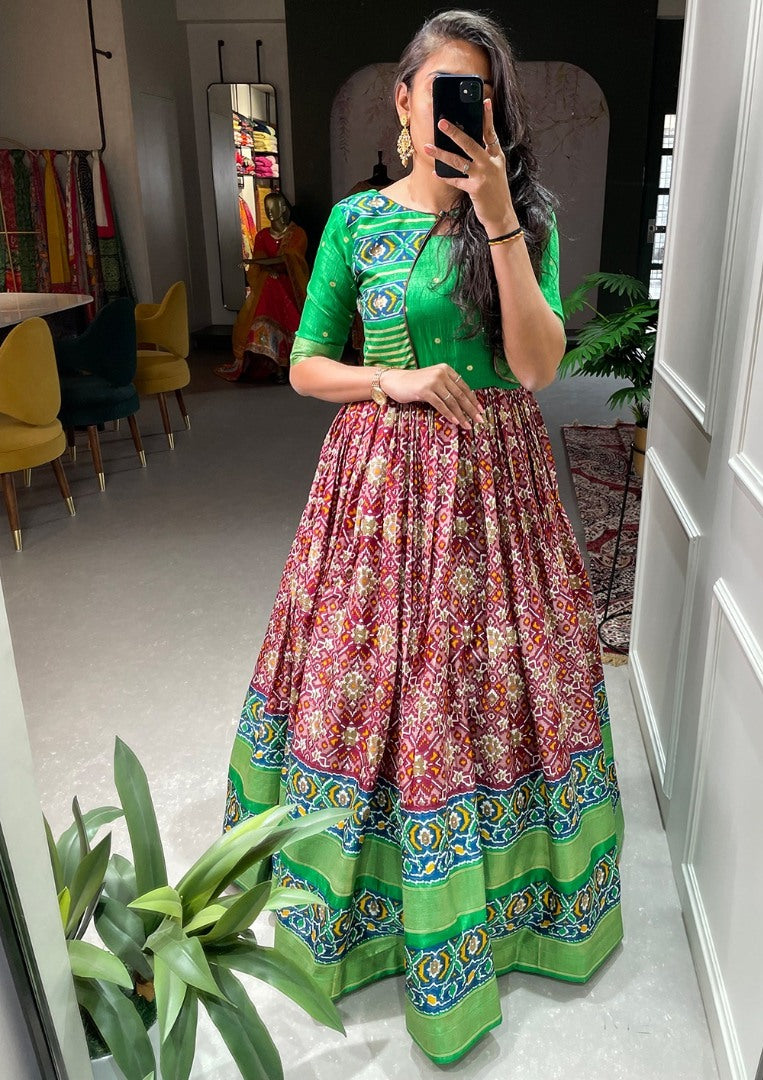 Red dola silk print and foil work gown