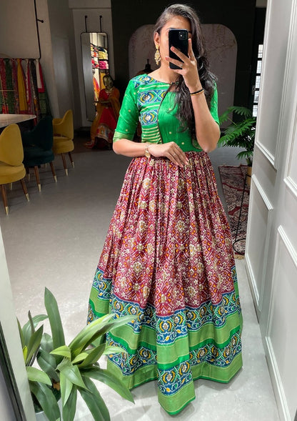 Red dola silk print and foil work gown