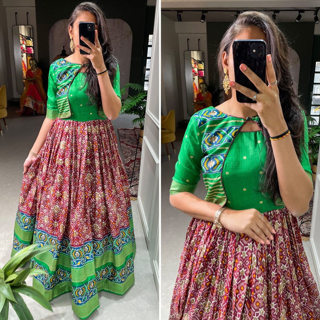 Red dola silk print and foil work gown