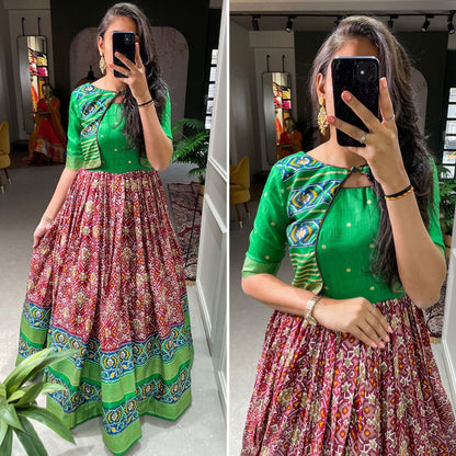 Red dola silk print and foil work gown