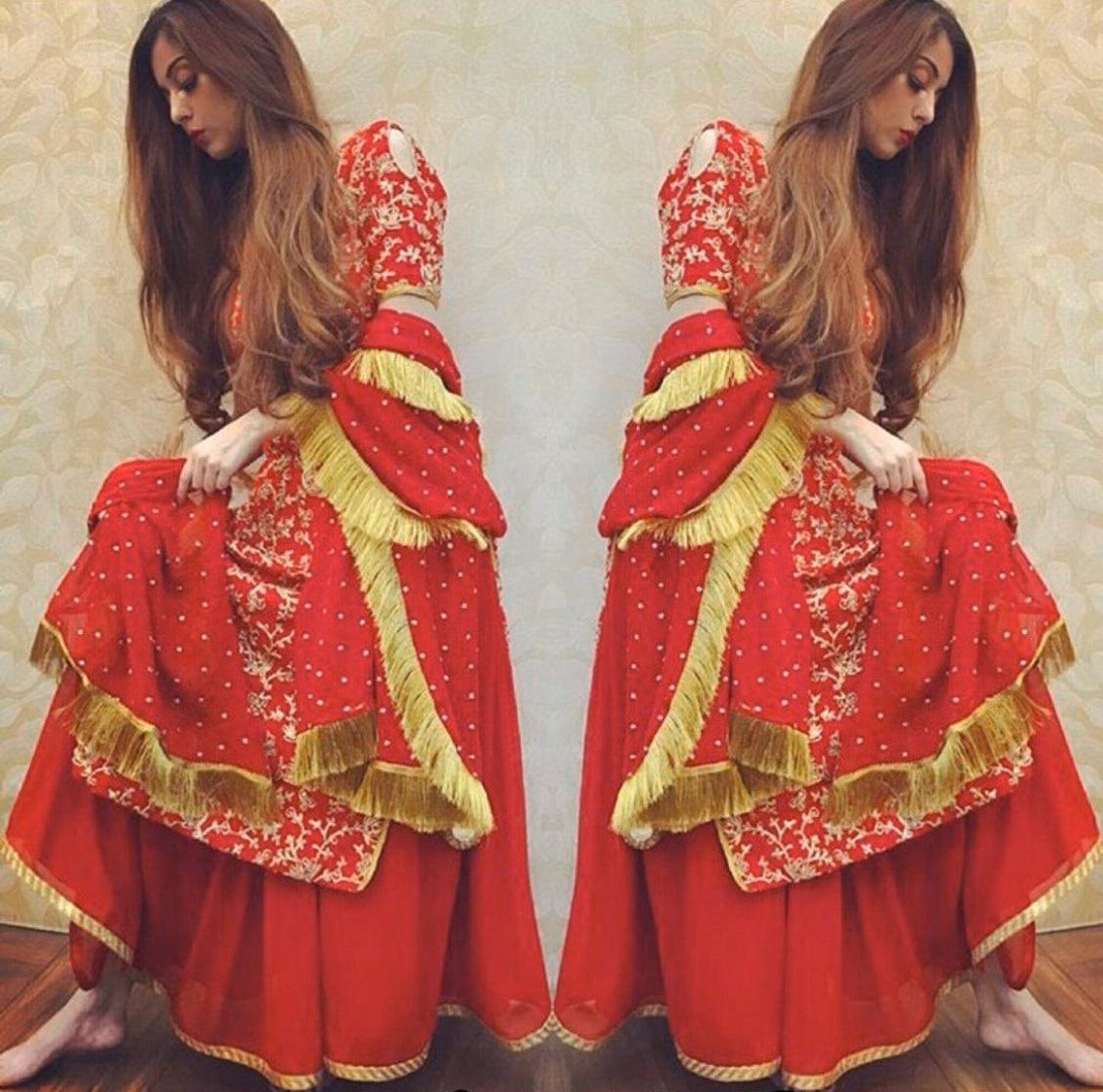 Red embroidery work plazzo salwar suit for wedding