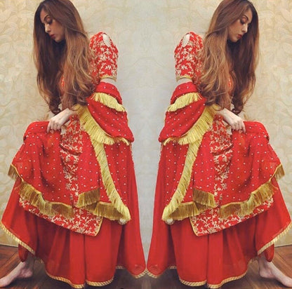 Red embroidery work plazzo salwar suit for wedding