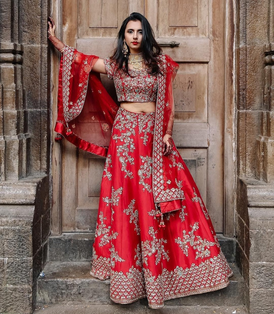 Red fantum silk designer heavy embroidered wedding lehenga choli
