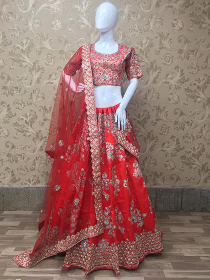 Red fantum silk designer heavy embroidered wedding lehenga choli
