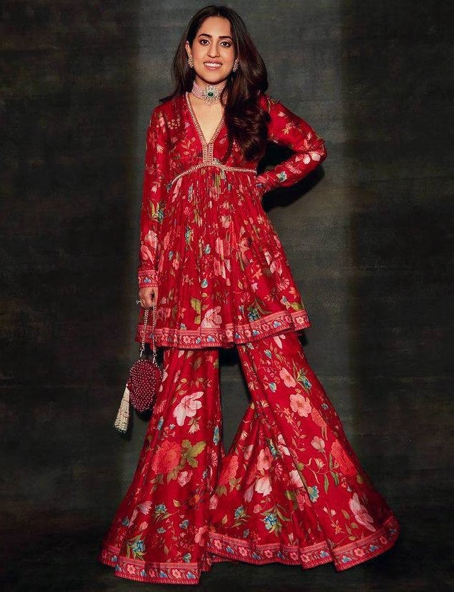Red floral printed embroidered sharara suit