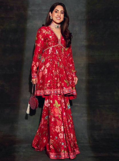 Red floral printed embroidered sharara suit