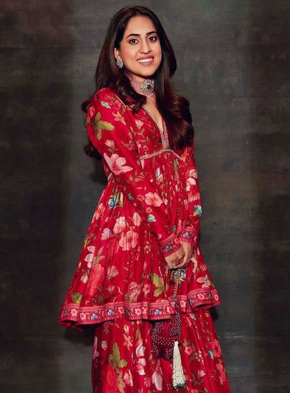 Red floral printed embroidered sharara suit