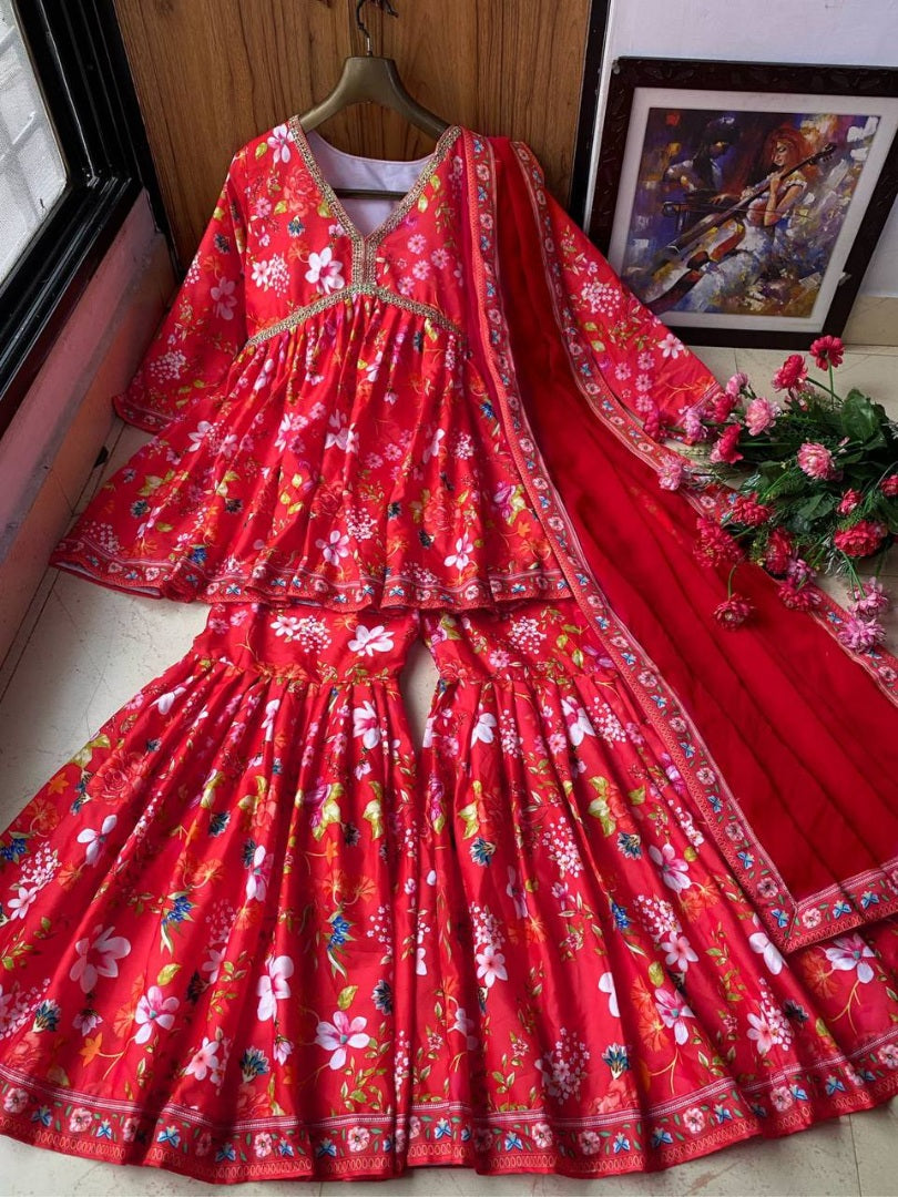 Red floral printed embroidered sharara suit