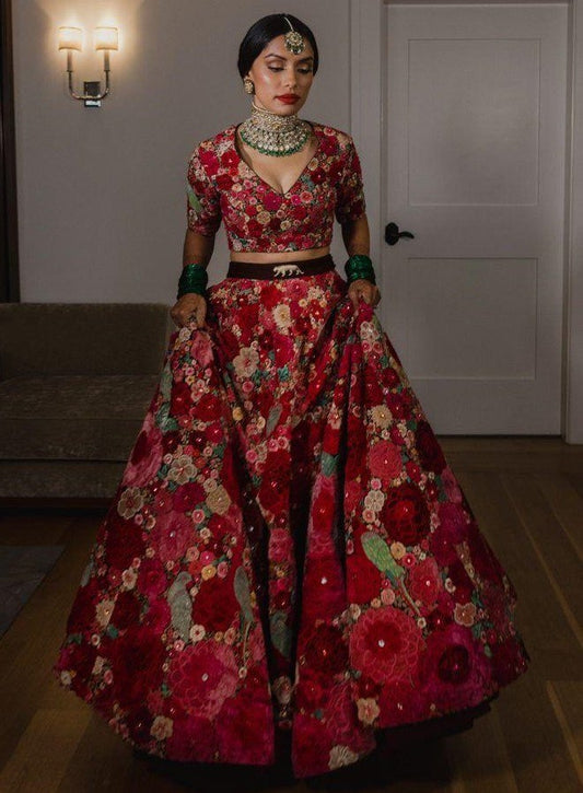Red floral printed gota zari wedding lehenga choli