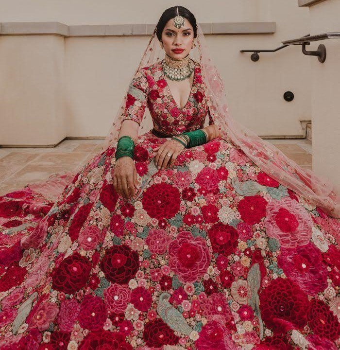 Red floral printed gota zari wedding lehenga choli