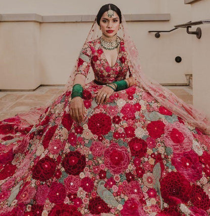 Red floral printed gota zari wedding lehenga choli