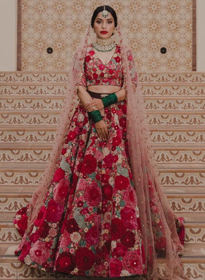 Red floral printed gota zari wedding lehenga choli