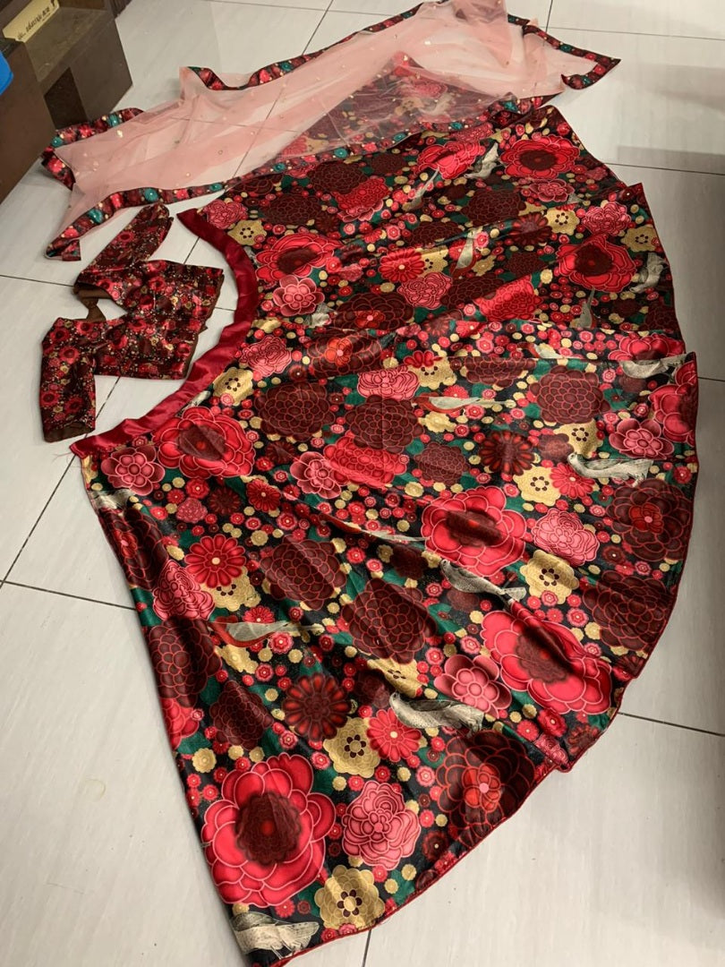 Red floral printed gota zari wedding lehenga choli