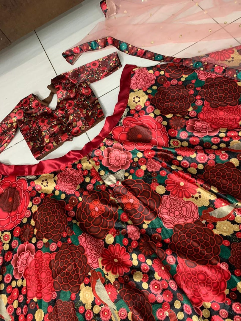 Red floral printed gota zari wedding lehenga choli